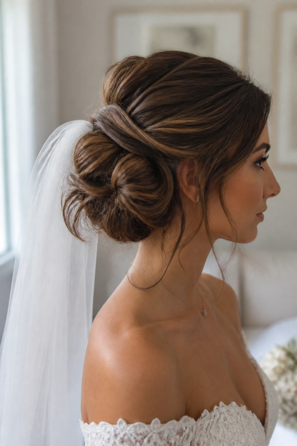 Side profile of a real bride with an asymmetrical bun and veil anchor