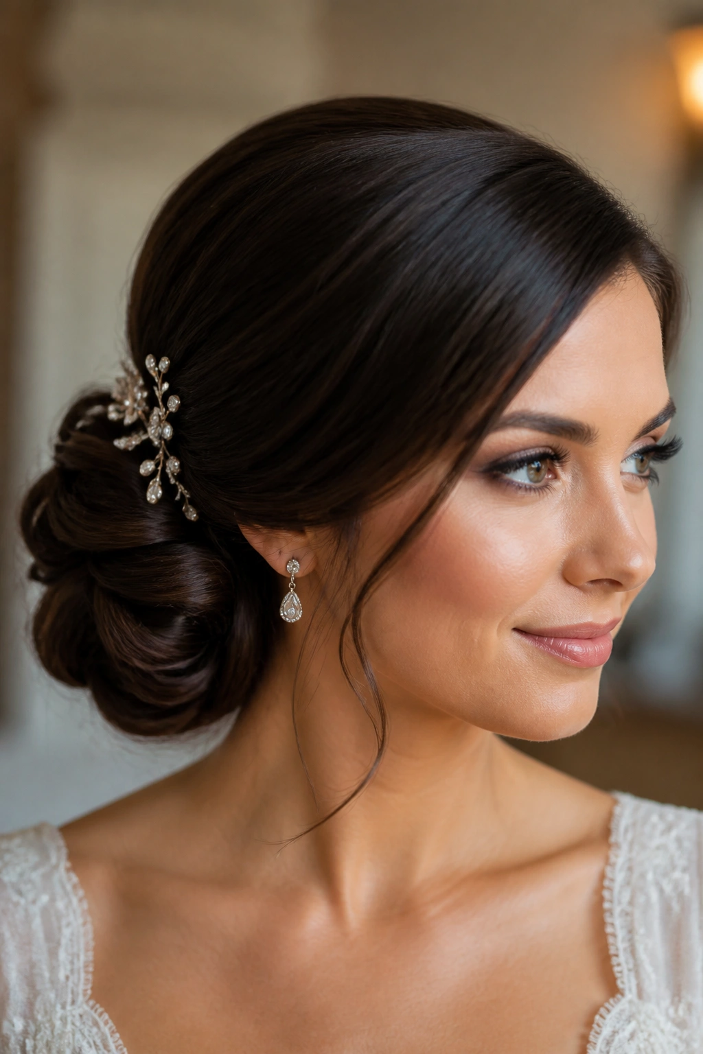 Real bride with an off-center chignon behind the ear.