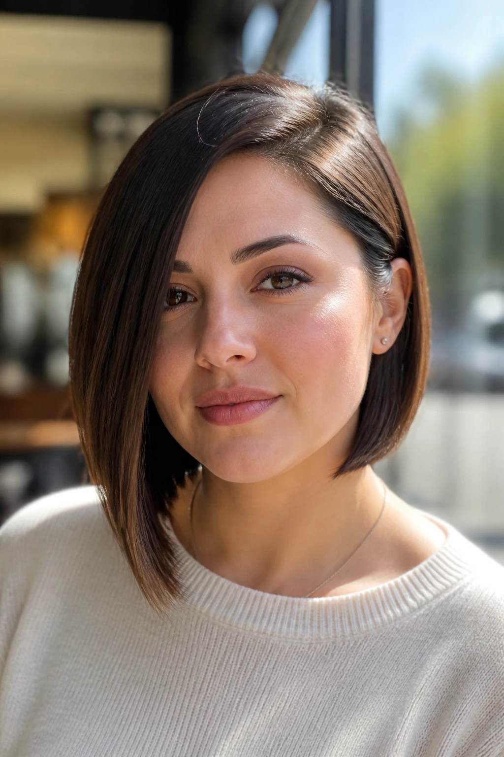 Close-up of a real woman with asymmetrical chin bob
