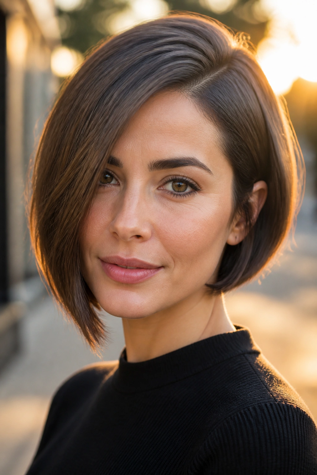Close-up of a real woman with an asymmetrical chin-length bob by golden hour sun