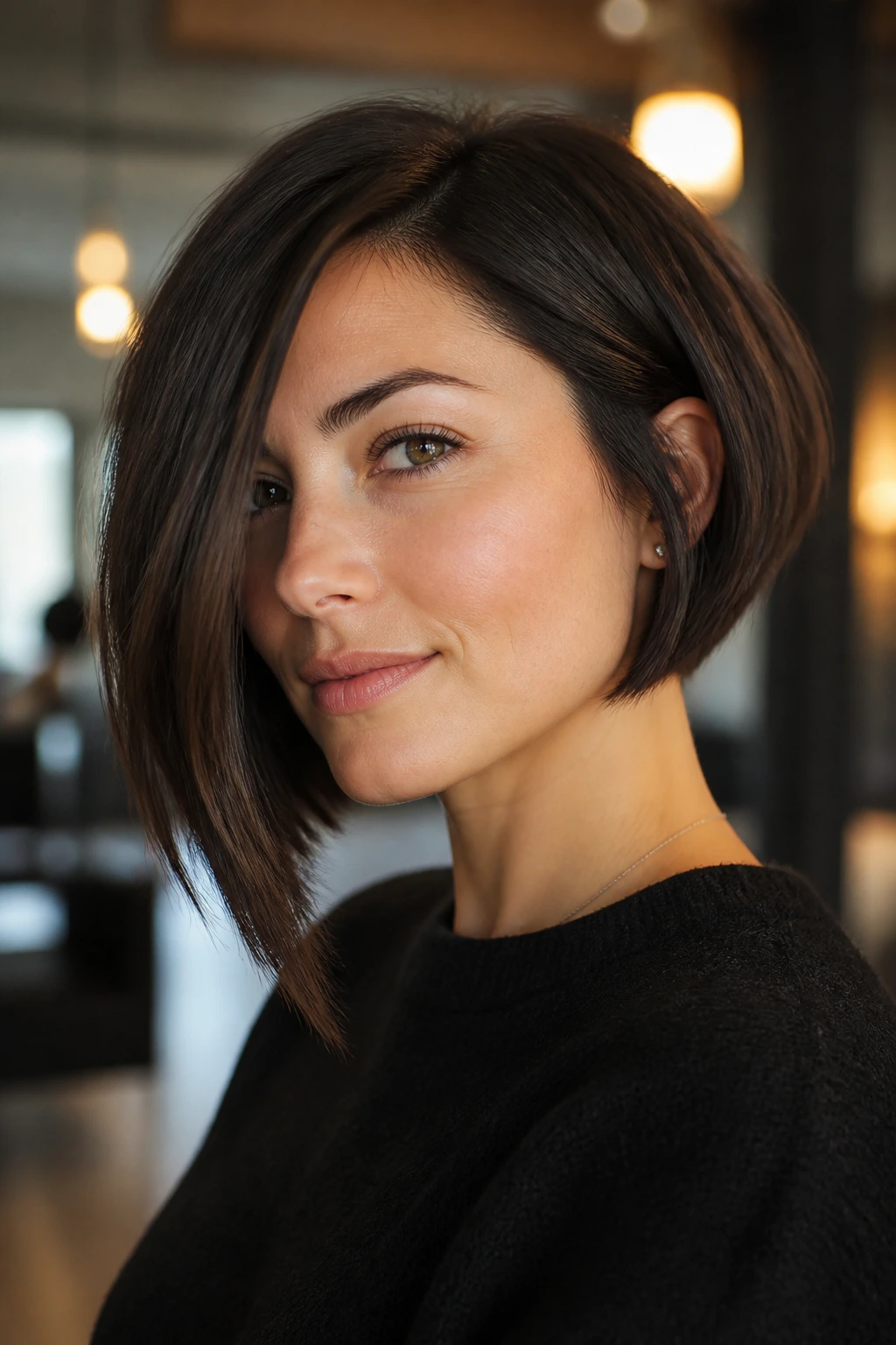 Shoulder-up portrait of a real woman with asymmetrical chin-length bob