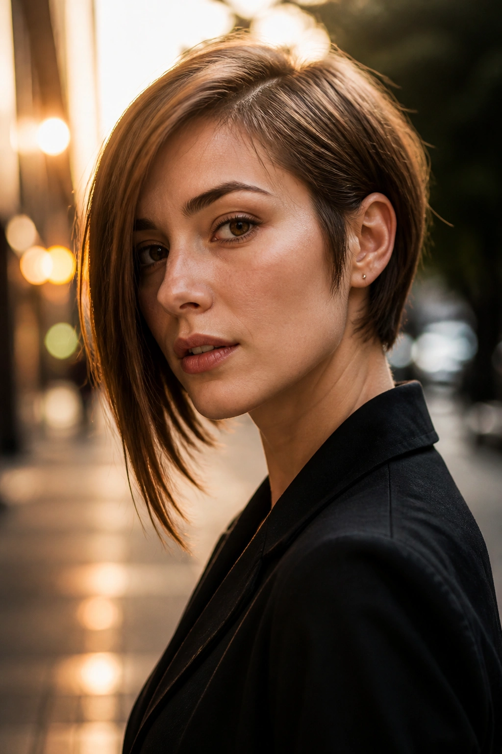 Three-quarter portrait of asymmetrical chin-length cut
