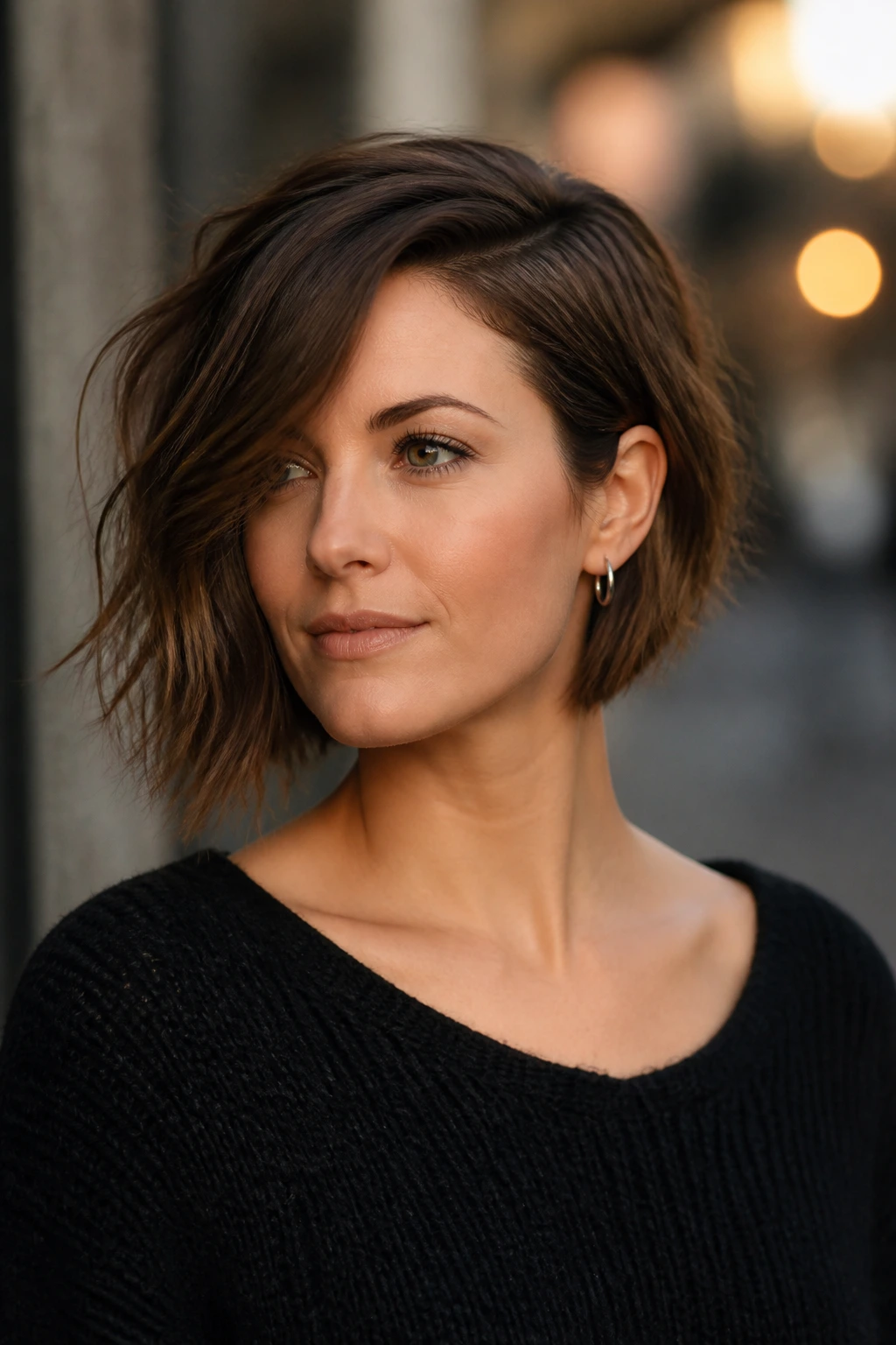 Real woman wearing asymmetrical choppy bob in three-quarter view