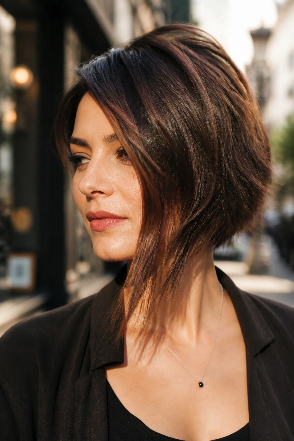 Portrait of a real person with an asymmetrical choppy bob featuring a long front corner