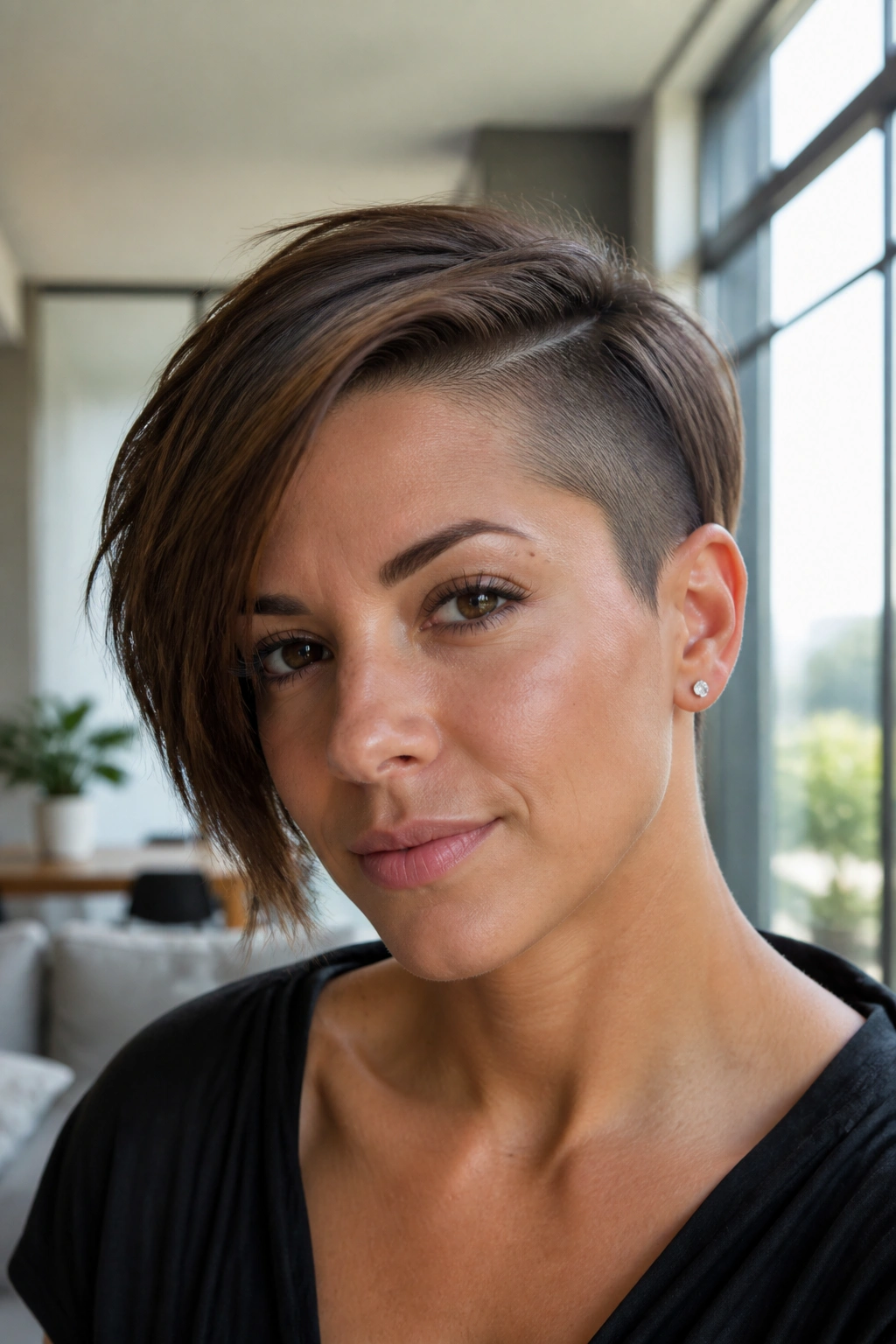Real person with asymmetrical crop hairstyle, one side longer than the other.