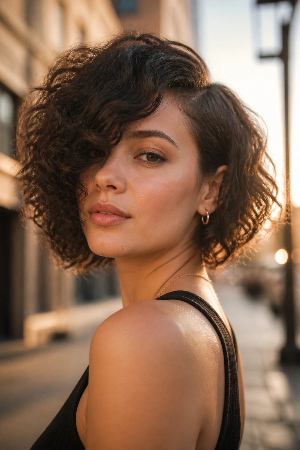 Close-up of a real person with asymmetrical curly bob and one-side bangs on city street