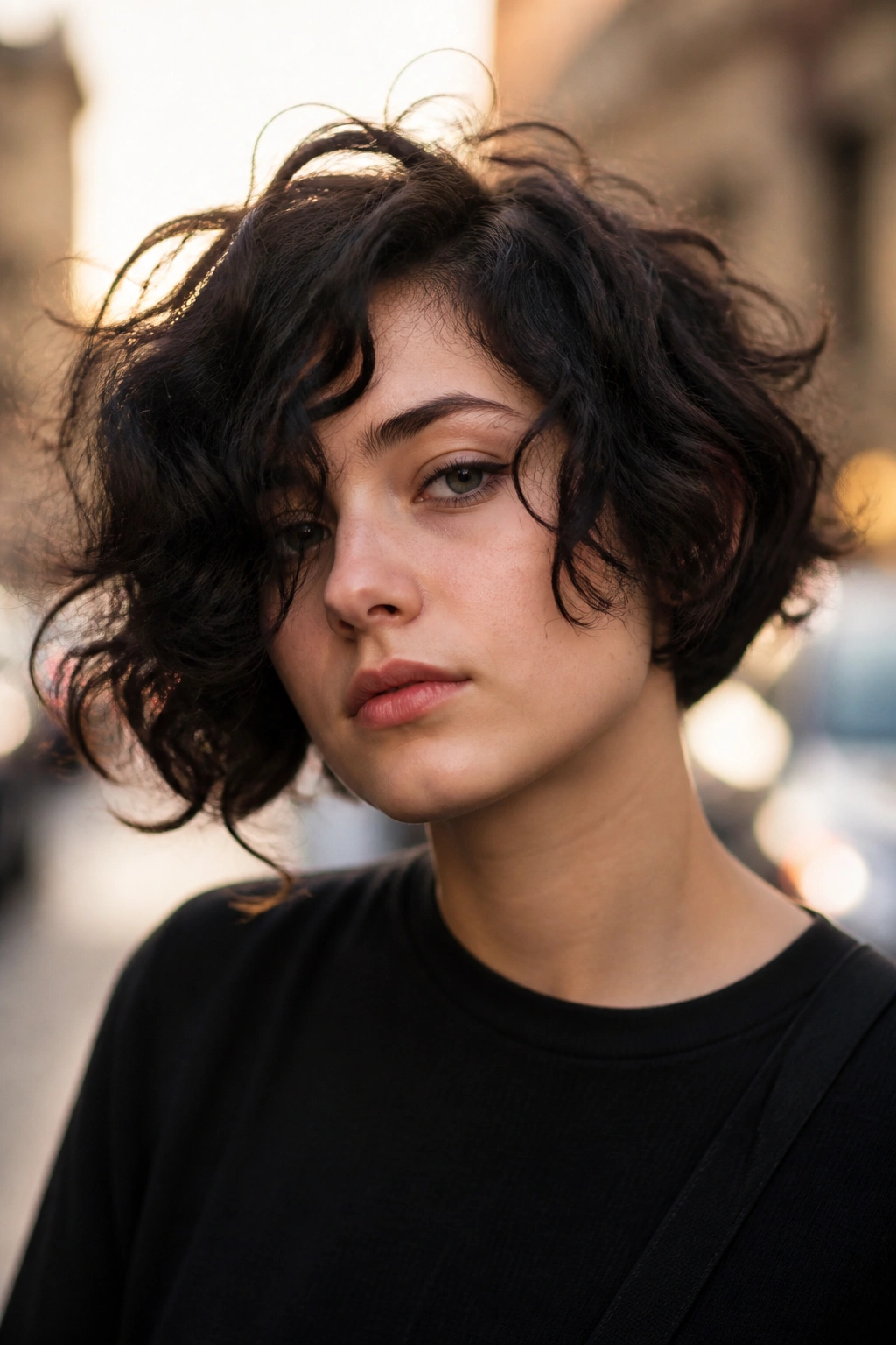 Portrait of real person with asymmetrical curly bob on city street during golden hour
