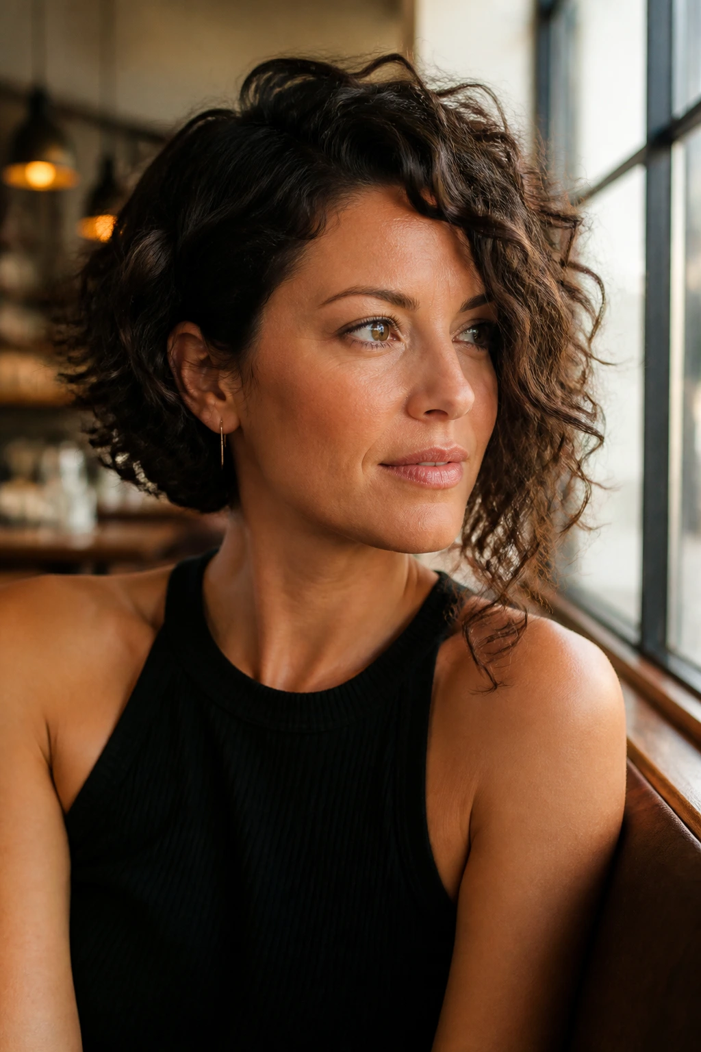 Three-quarter portrait of a person with asymmetrical curly bob and one longer side