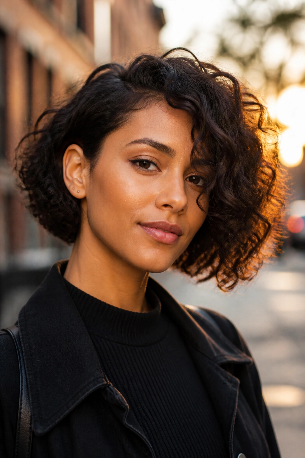Close-up of a real woman with asymmetrical curly bob and one-side bangs.