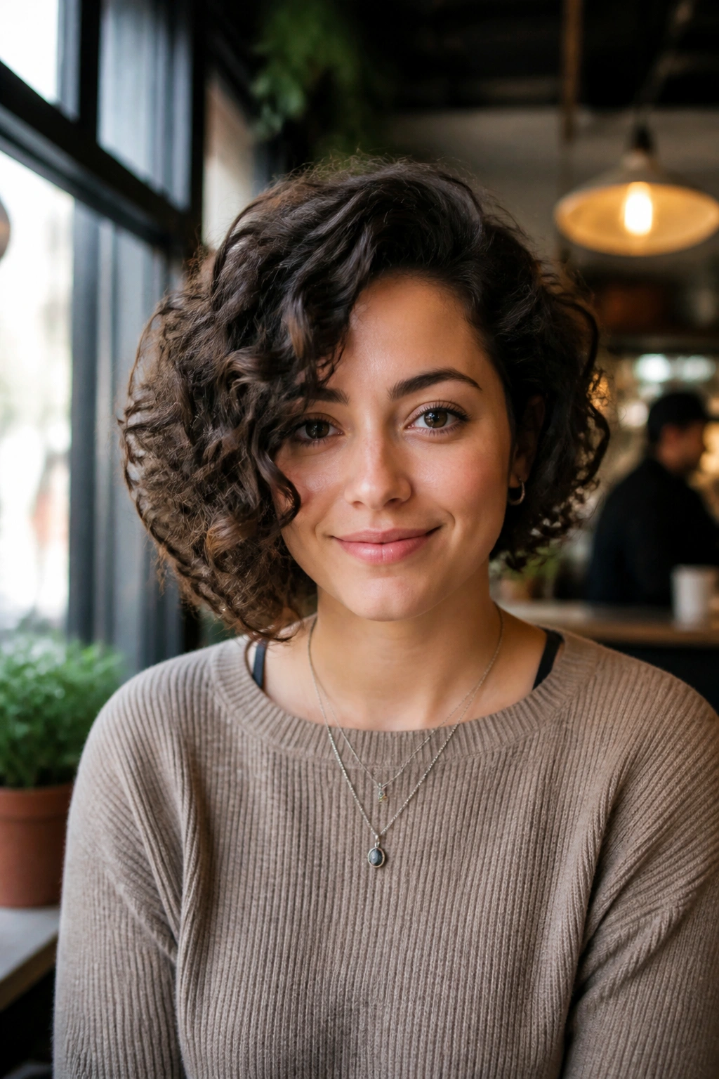 Front-facing portrait showing an asymmetrical curly bob with one side longer