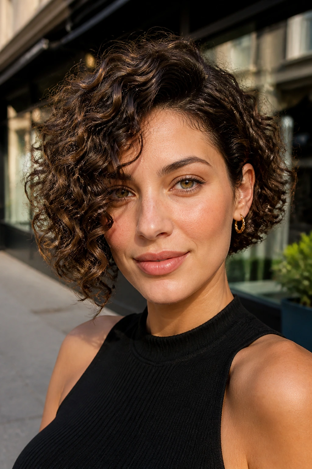 Real woman with a subtle asymmetrical curly bob on a city street