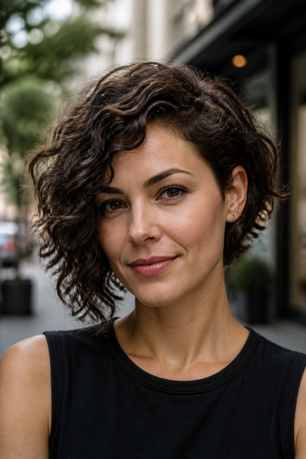 Close-up portrait of a woman with an asymmetrical curly bob