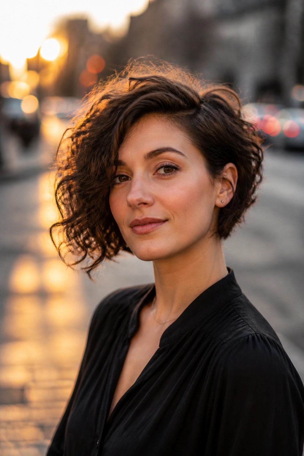 Portrait of a real woman with an asymmetrical curly bob and longer side.