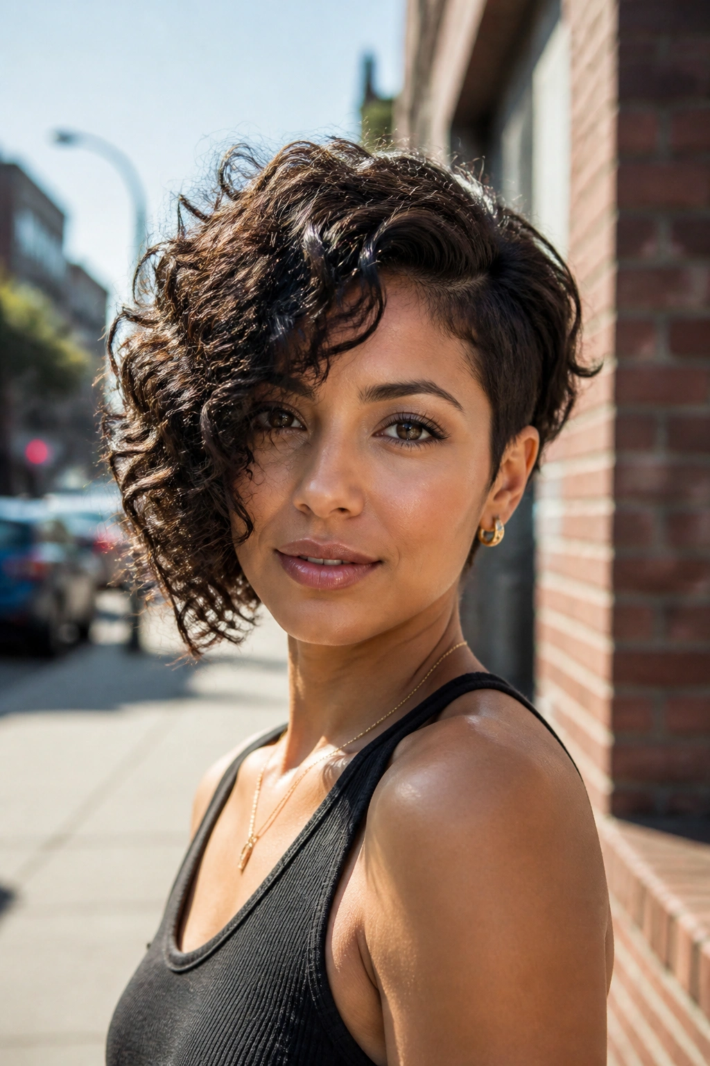 Close-up of a real woman with an asymmetrical curly bob