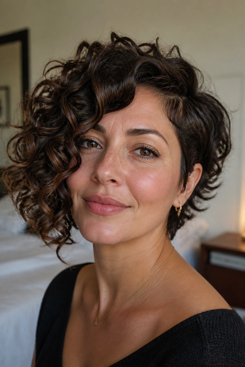 Close-up portrait of a real woman with an asymmetrical curly bob in warm window light.