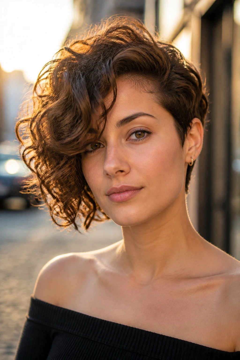 Portrait of a real woman with an asymmetrical curly bob and a longer side in golden hour light