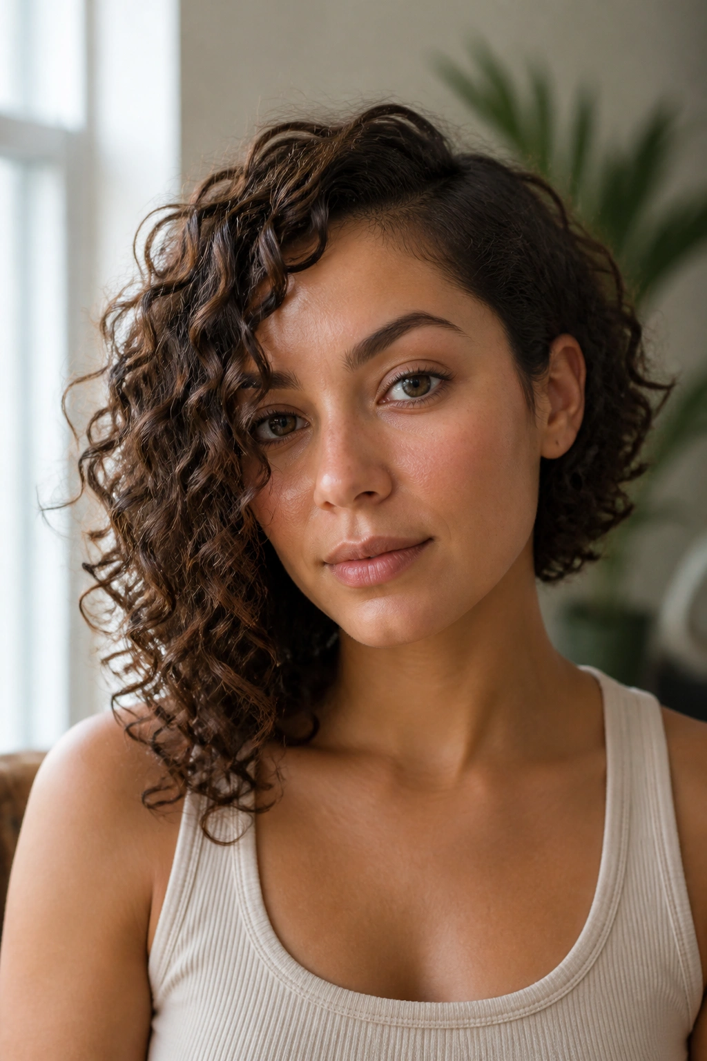 Real person with asymmetrical curly cut featuring a longer side