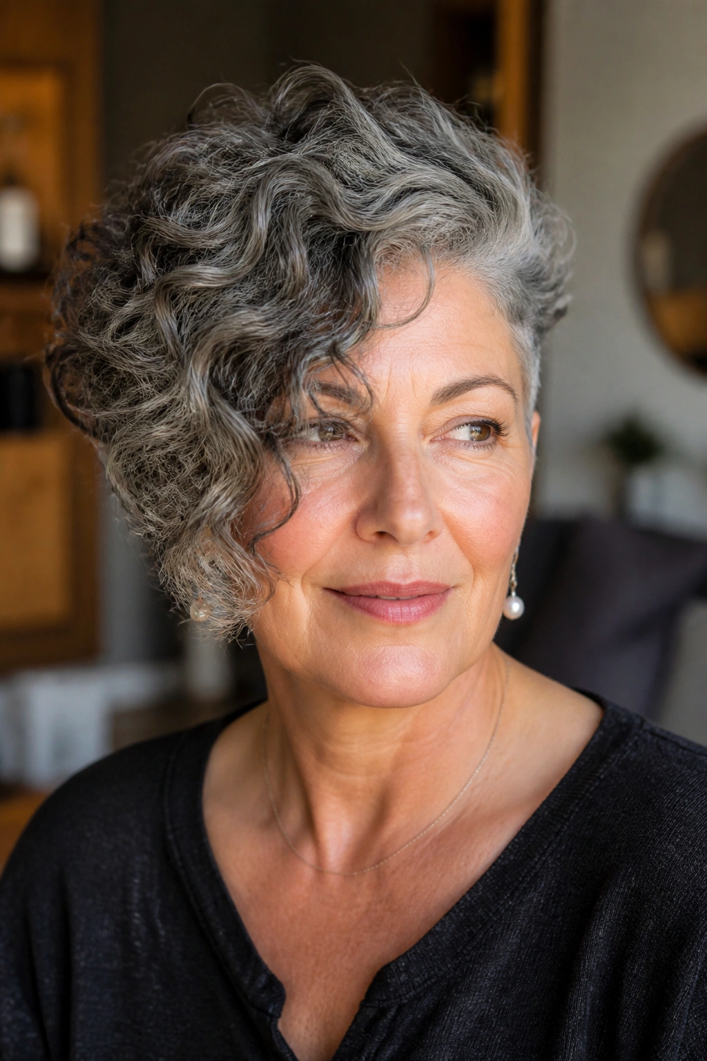 Portrait of a real woman with an asymmetrical curly cut showing the longer side.