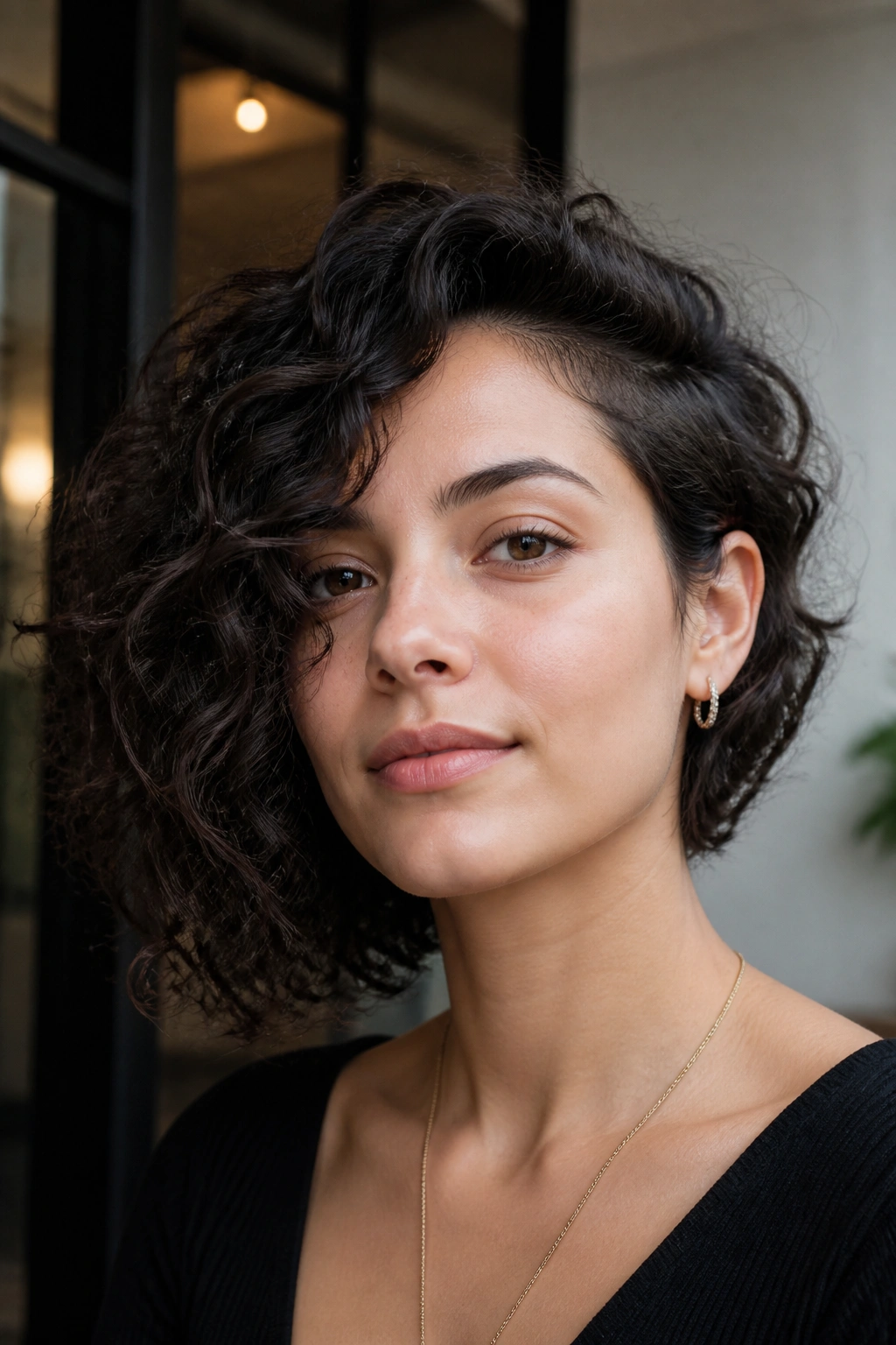 Portrait of a real person with an asymmetrical curly lob haircut