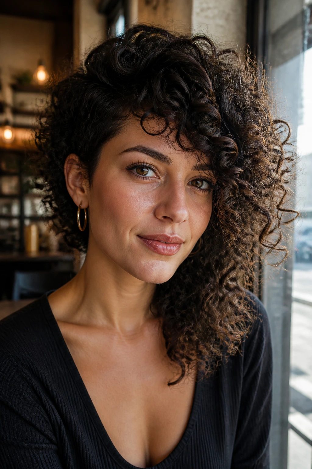 Portrait of a real person with an asymmetrical curly shag in cafe daylight