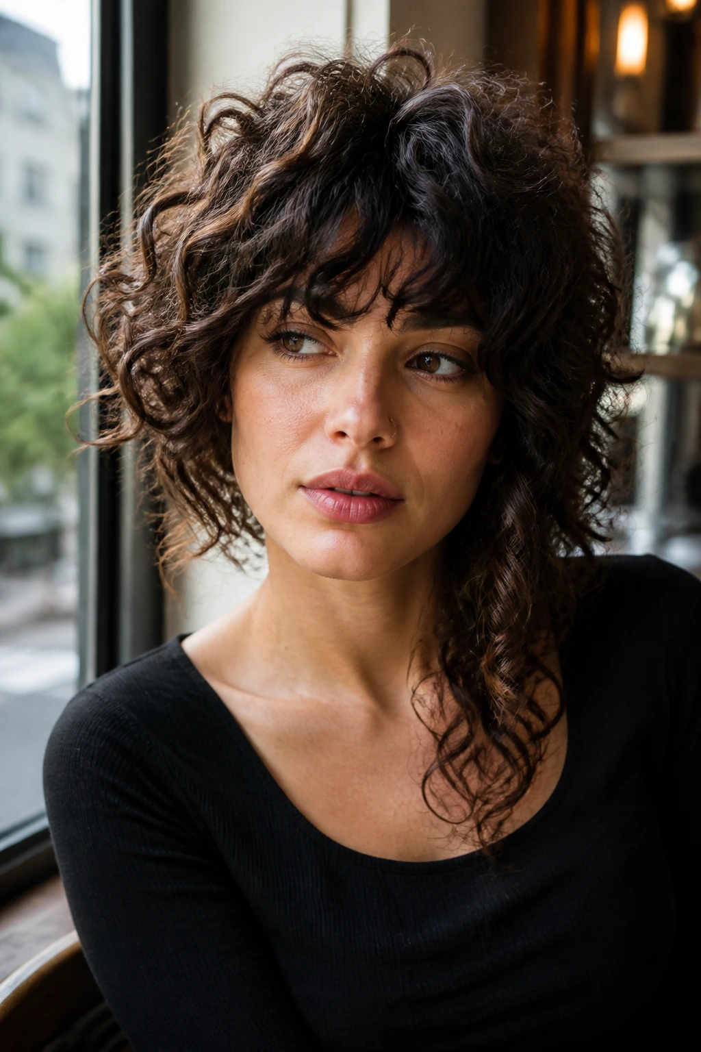 Close-up portrait of a real person with an asymmetrical curly shag and subtle length difference.