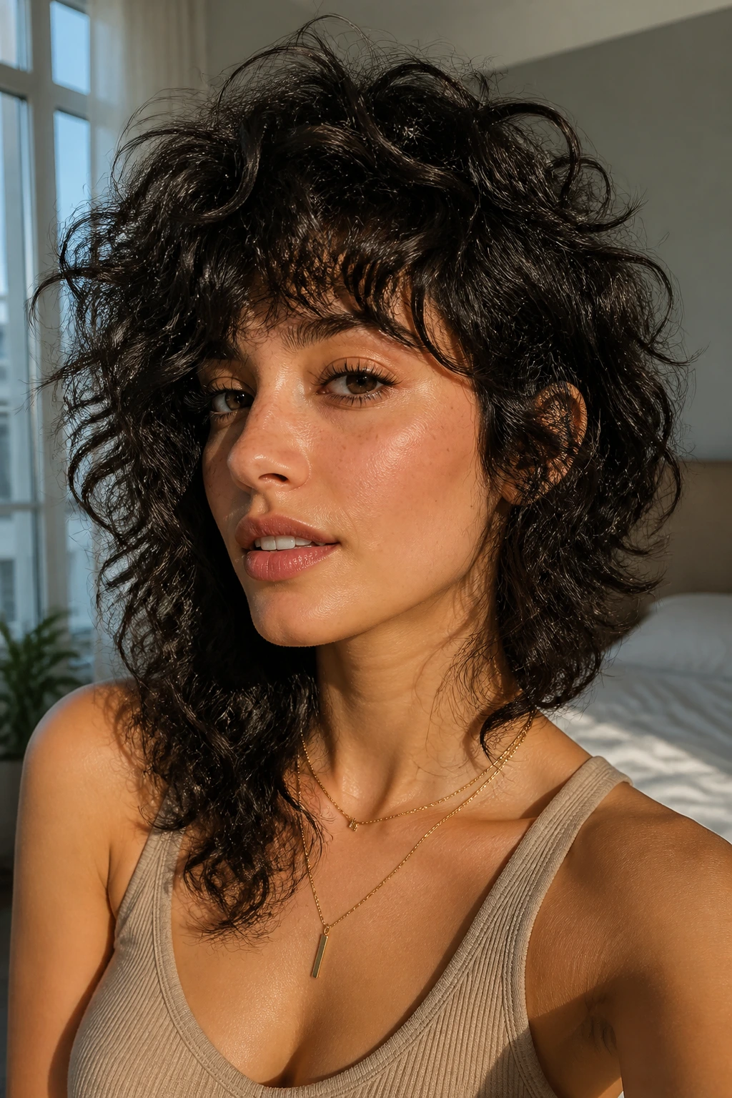 Close-up of a real woman with an asymmetrical curly shag and diagonal fringe