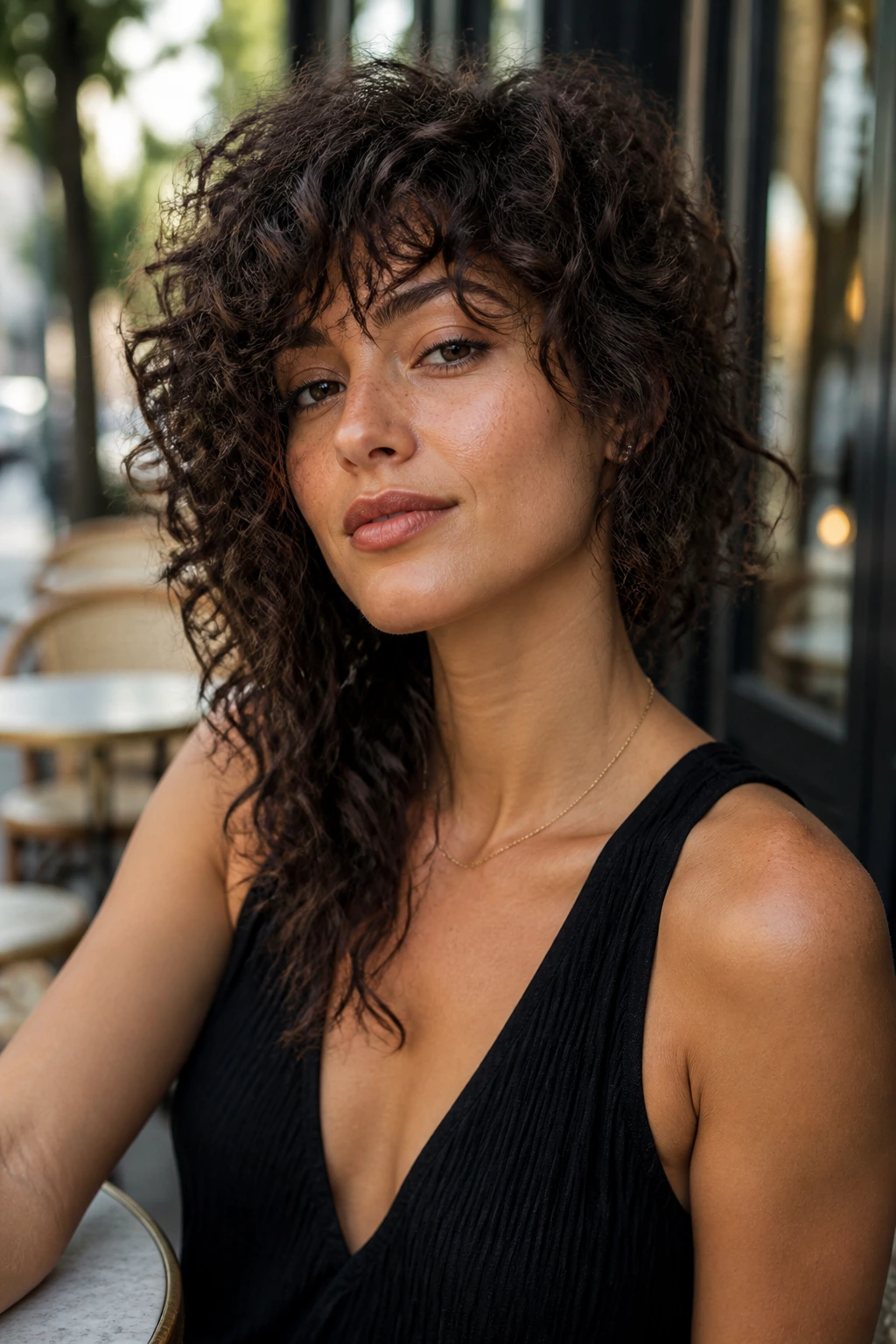 Close-up of a real woman with asymmetrical curly shag in an urban cafe setting