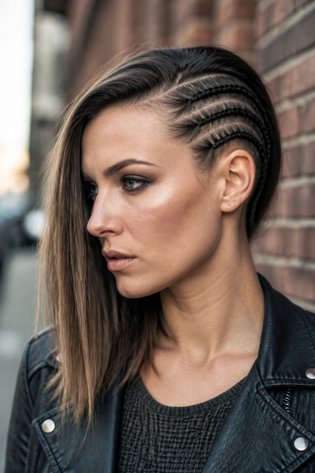 Real woman with asymmetrical cut, longer side and braided shorter side at temple.