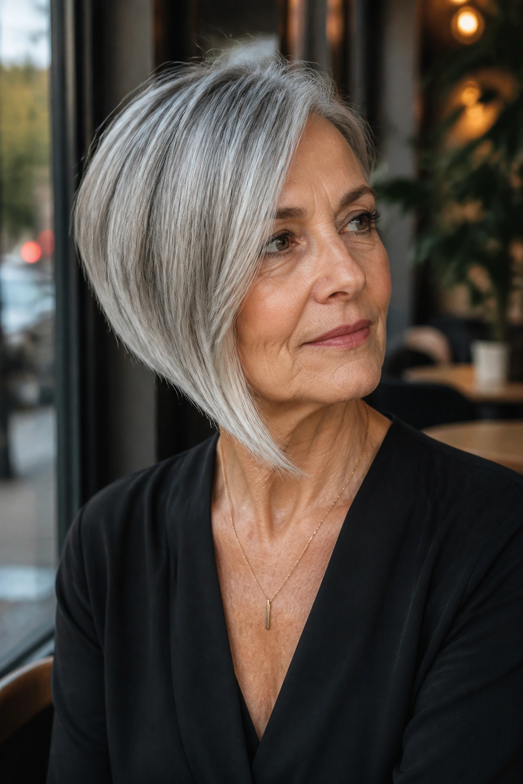 Close-up portrait of a real mature woman with an asymmetrical gray hair cut and diagonal profile.