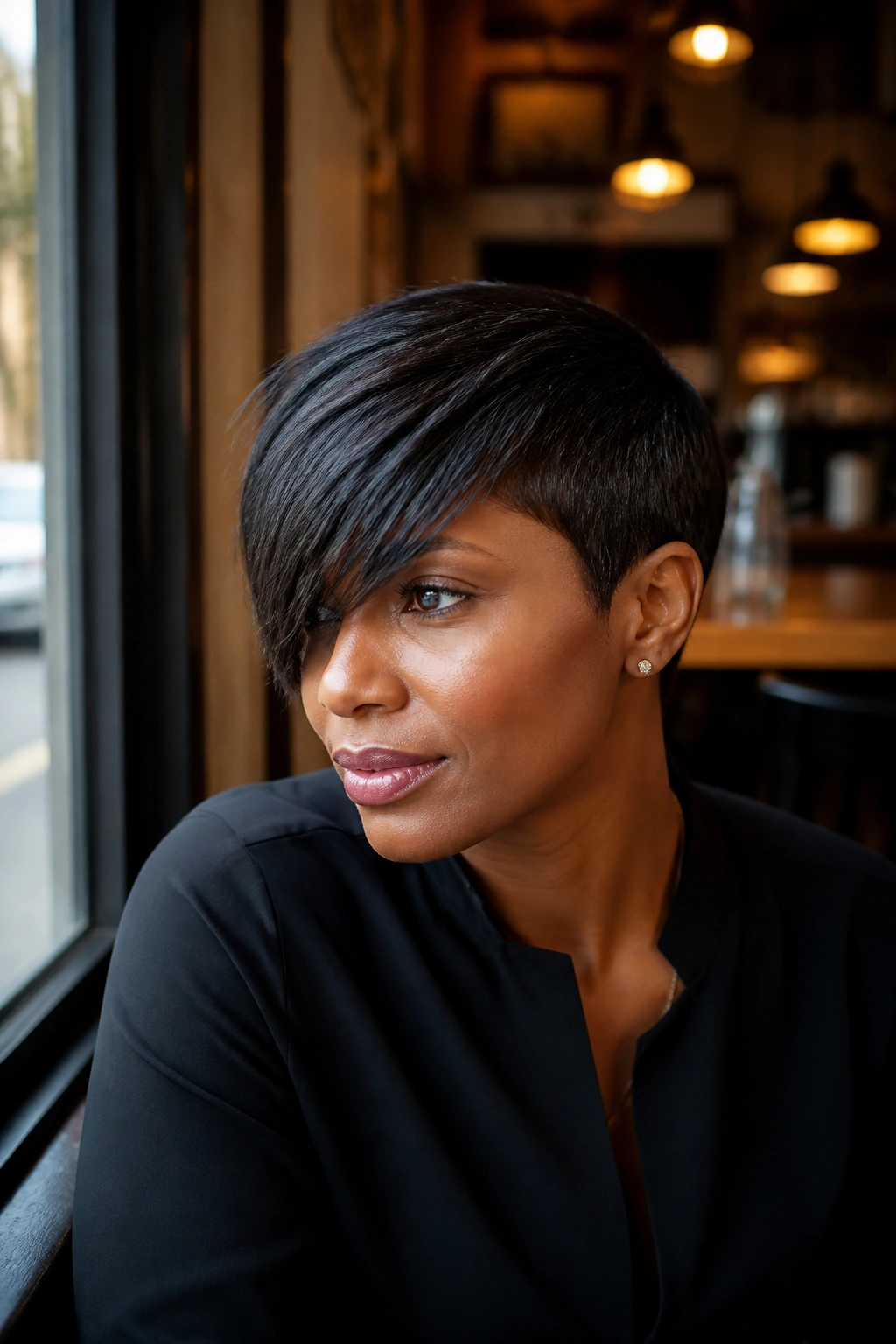 Portrait of real woman with asymmetrical cut and long fringe