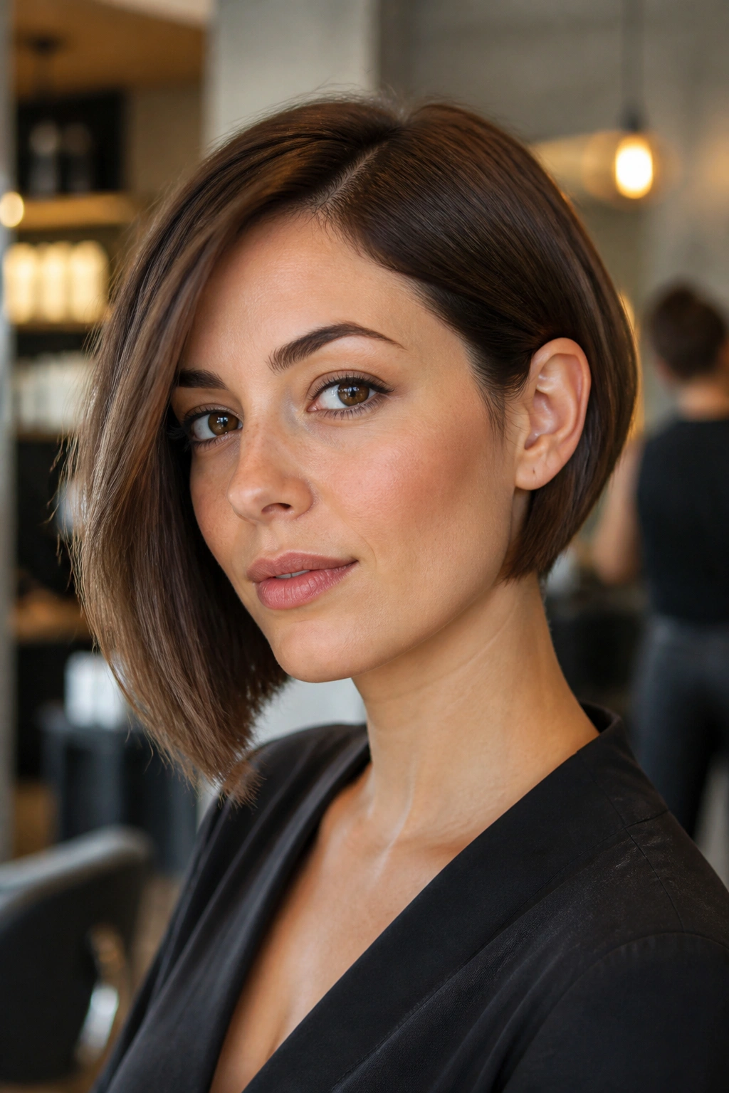 Close-up portrait of a real woman with a subtle asymmetrical ear-length bob in a chic salon