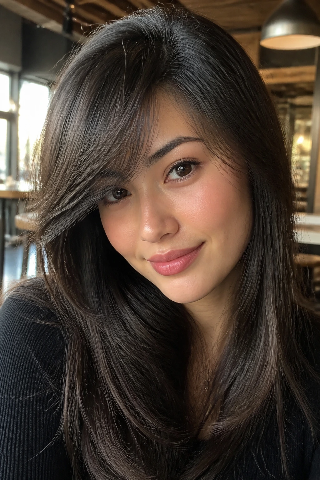 Portrait of a real woman with asymmetrical feathered bangs and side part
