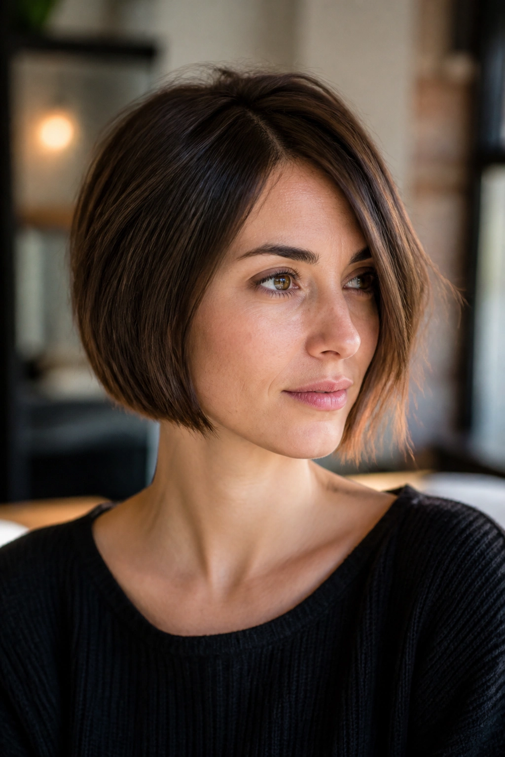 Real woman with subtle asymmetrical chin-length French bob