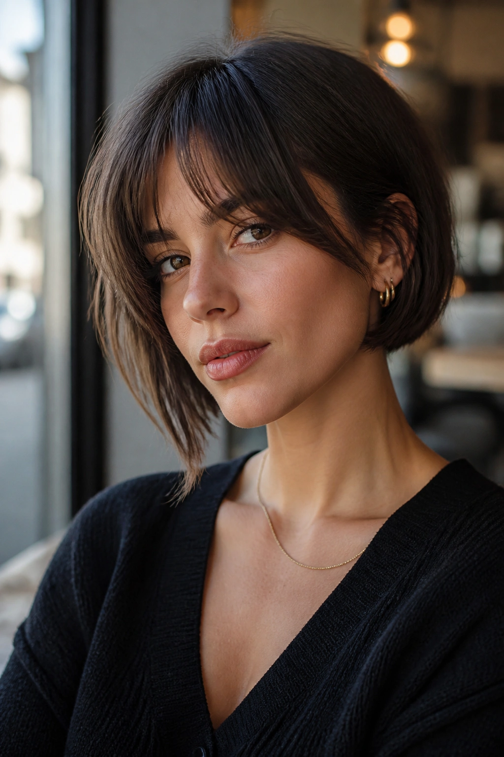 Real woman with asymmetrical French bob and curtain bangs in warm cafe light
