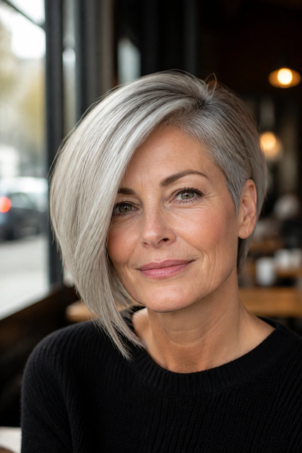 Close-up portrait of a real woman with an asymmetrical gray bob