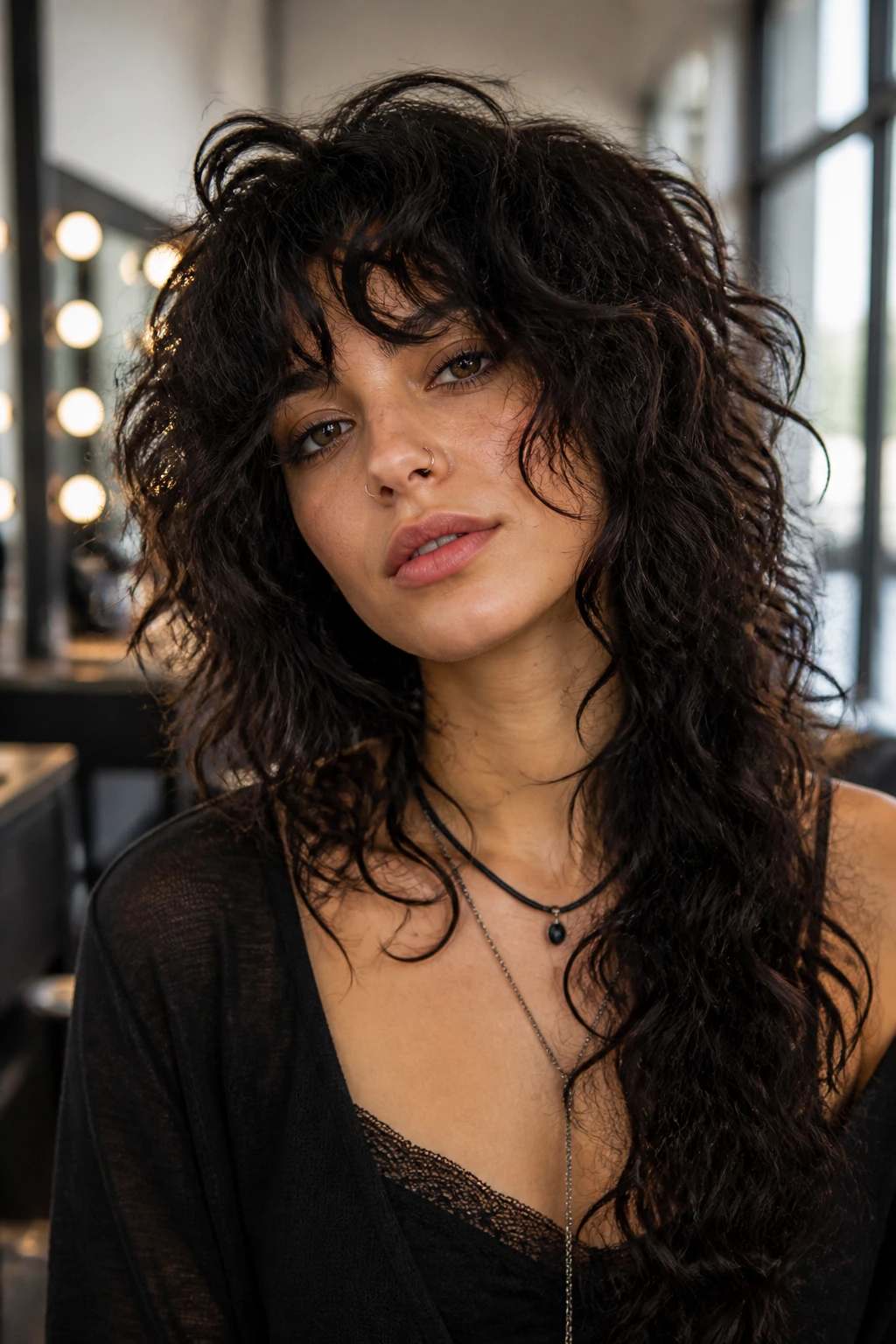 Close-up portrait of a real woman with asymmetrical curly emo wolf cut, one side longer, curls framing face in a salon