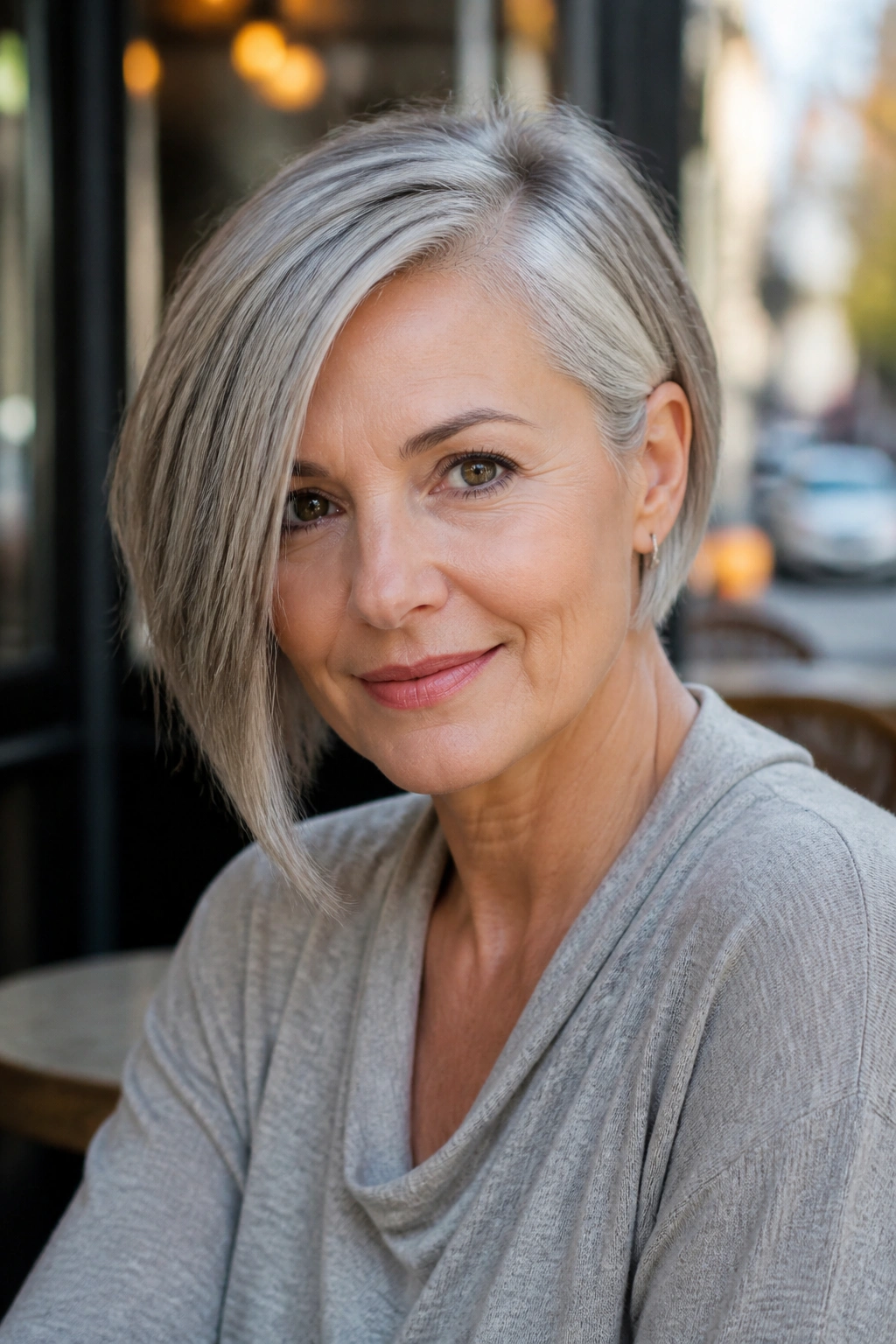 Portrait of a woman with asymmetrical gray haircut featuring a longer front side