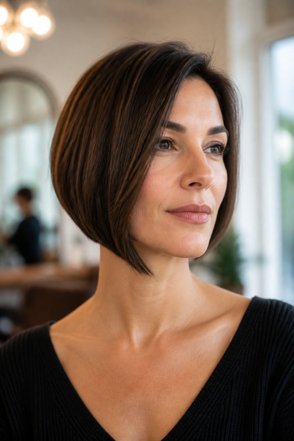 Portrait of a real woman with a subtle asymmetrical Italian bob, one side slightly longer.