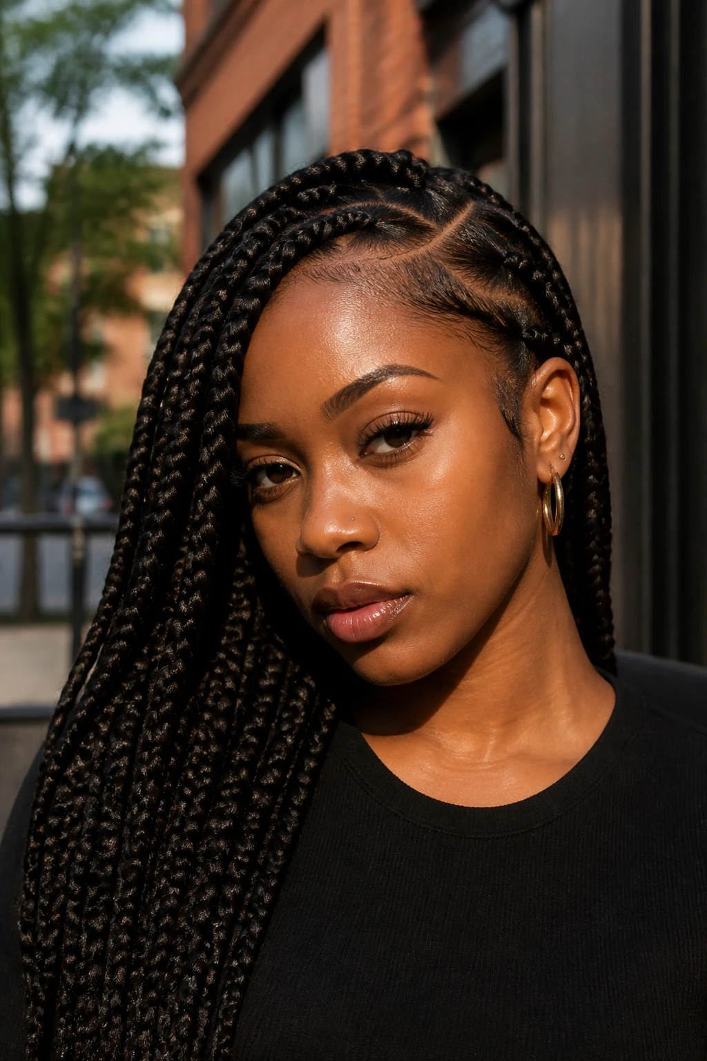 Real person with asymmetrical jumbo box braids and deep side part