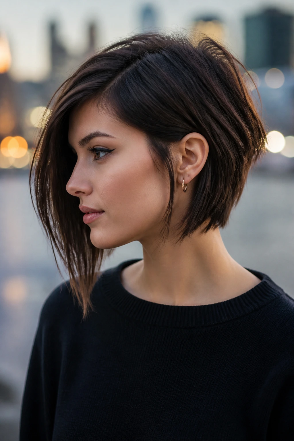 Portrait of a woman with asymmetrical layered bob in urban dusk light