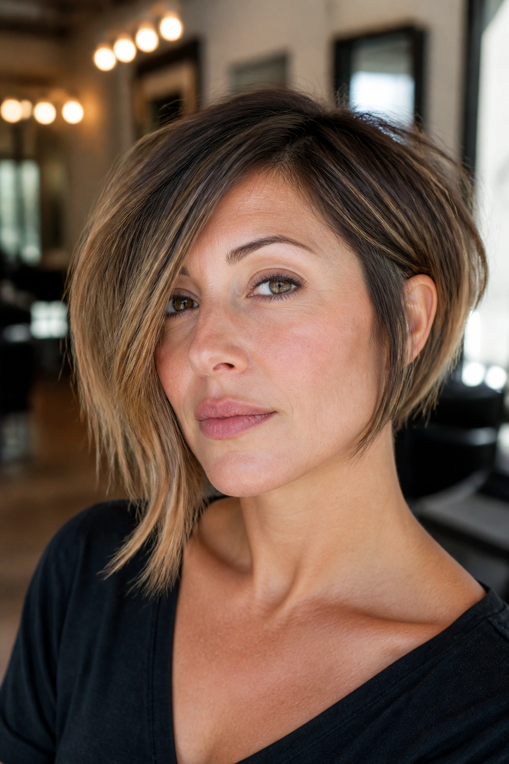 Close-up of a real woman with an asymmetrical layered bob in warm salon lighting.