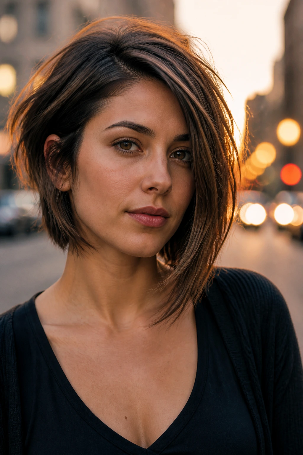 Real woman with asymmetrical layered bob on urban street at golden hour