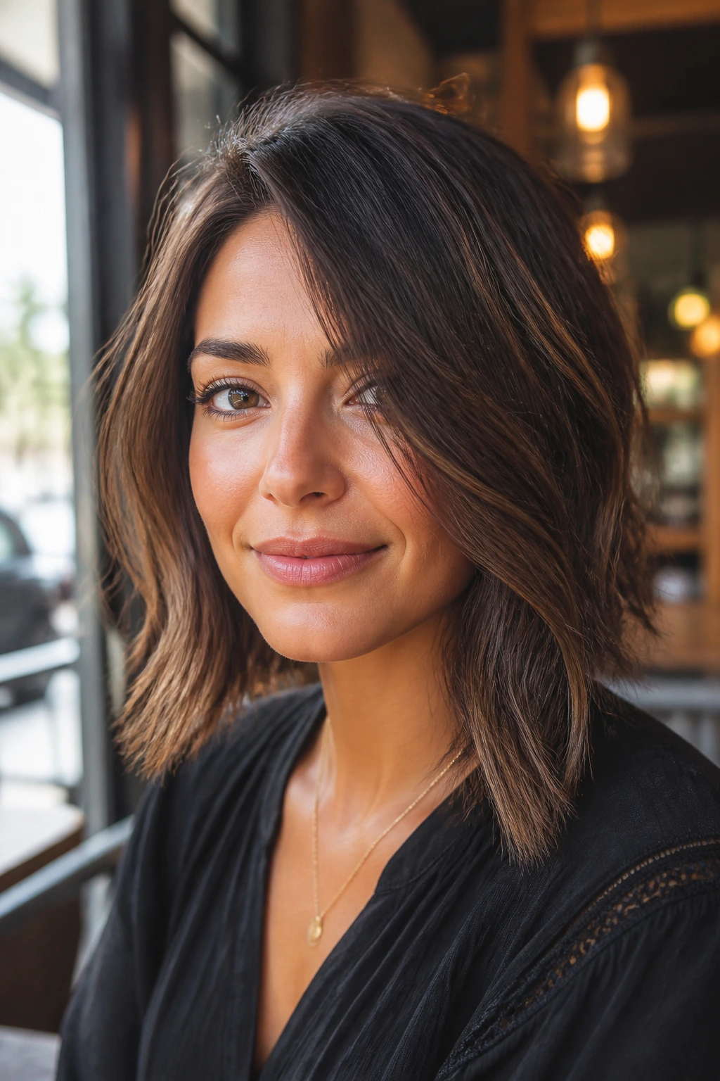 Portrait of real person with soft asymmetrical layered lob at shoulder length