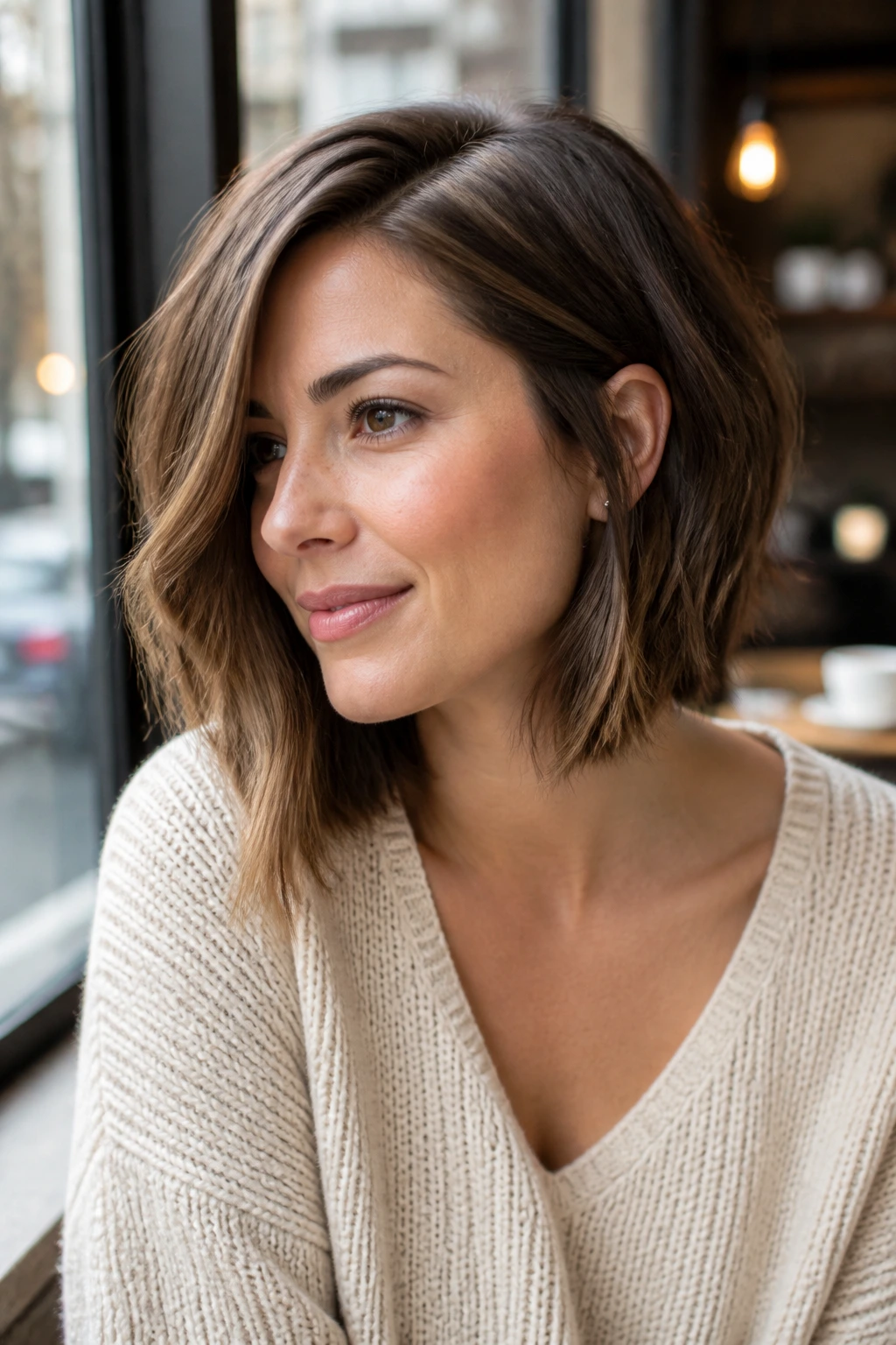 Close-up of a real woman with an asymmetrical lob hairstyle, one side at the collarbone and the other near the jaw, in natural light.