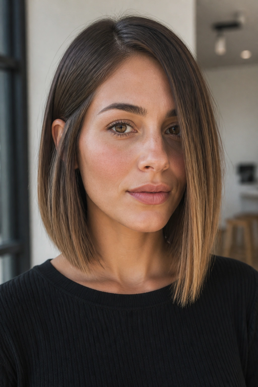 Real woman with asymmetrical lob close-up portrait