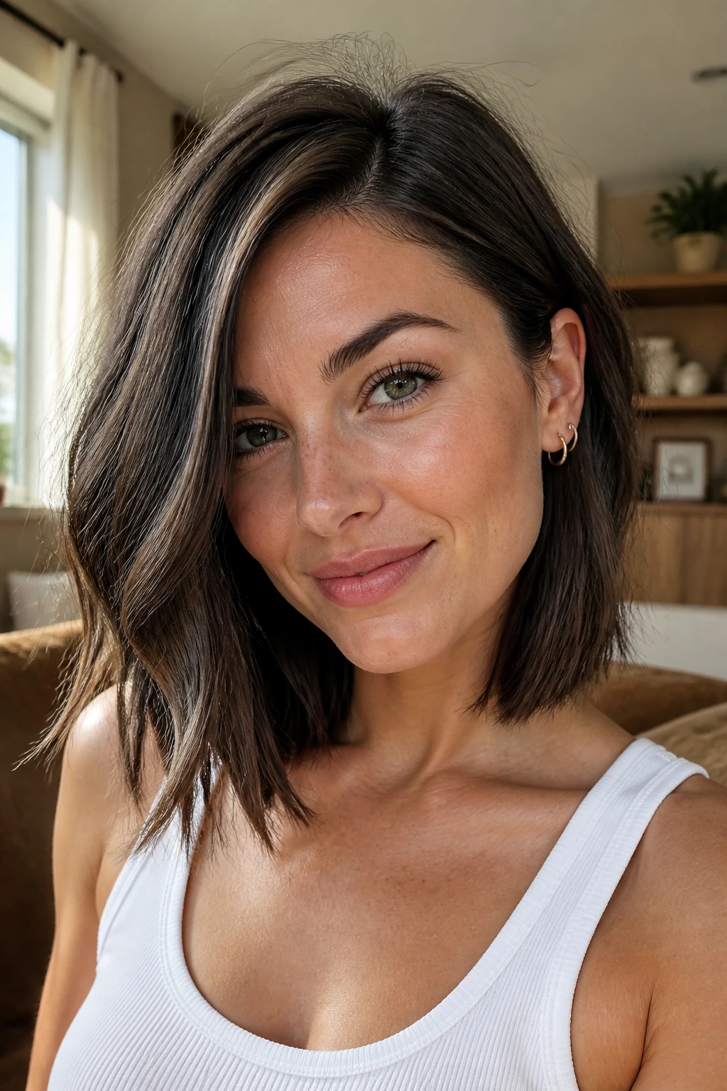 Close-up portrait of a real woman with an asymmetrical lob hairstyle, one side longer than the other, shoulder-length thick hair in soft light
