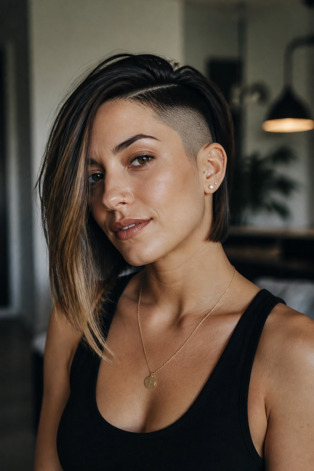 Portrait of a real person with an asymmetrical lob and one-side undercut.