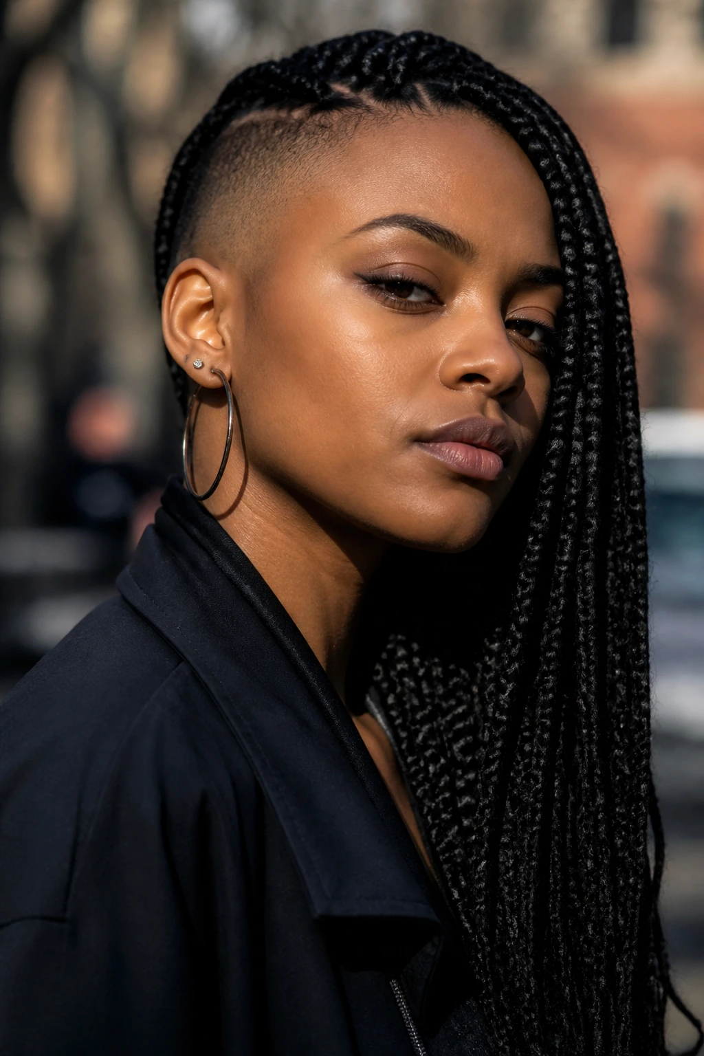 Close-up portrait of a real person with asymmetrical long box braids and one shaved side