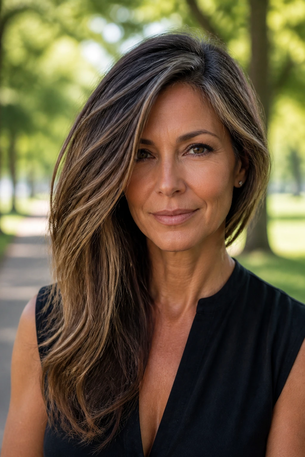 Real woman with an asymmetrical long haircut in a park setting