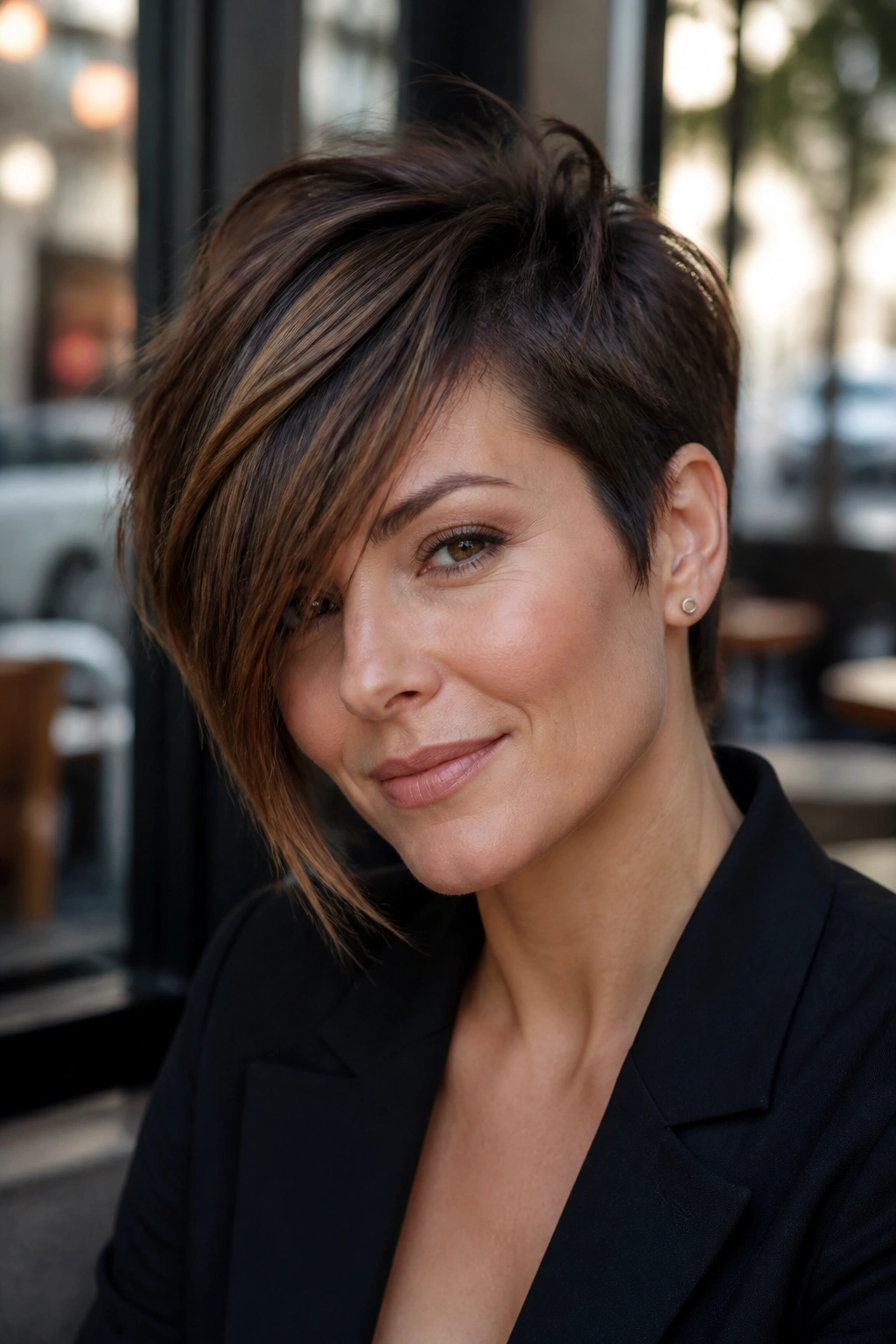 Close-up of a real woman with asymmetrical long-front pixie showing diagonal front